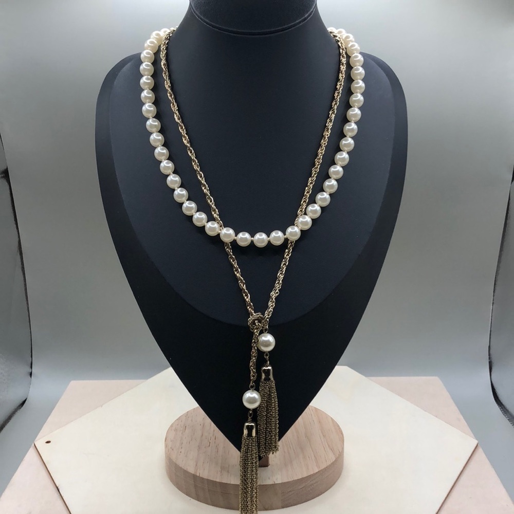 Curated bundle 2 vintage faux pearls and chain tie tassel necklaces.